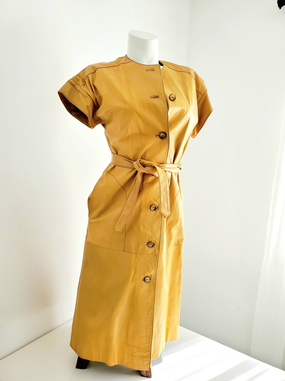 Short-Sleeve Belted Maxi Leather Dress in Mustard